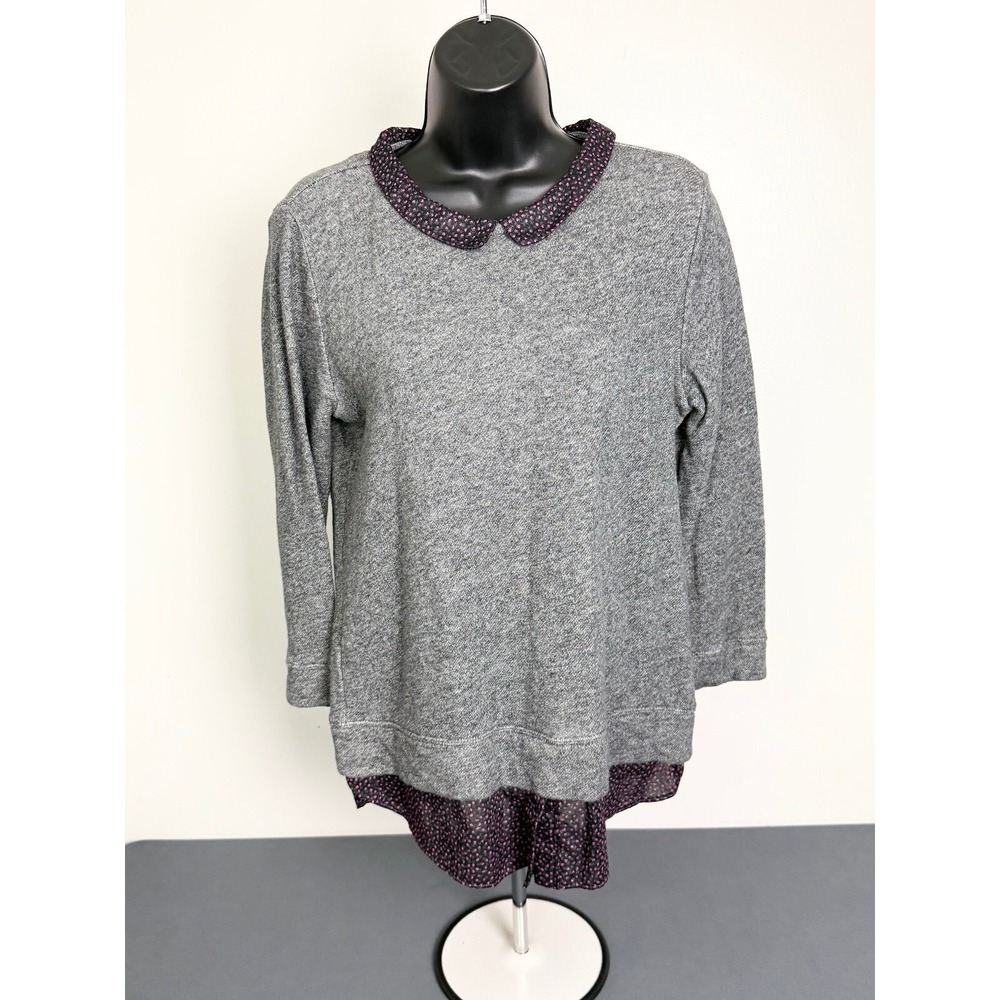 Ann Taylor LOFT Sweater Small Gray Pink Floral Flat Collar Faux Layer Zip Back